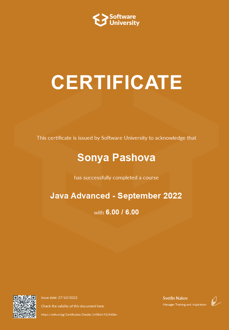 Java Advanced - September 2022 certificate
