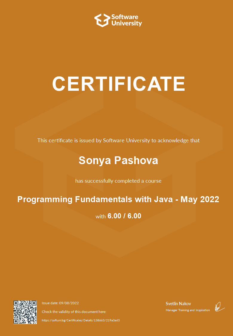 Programming Fundamentals with Java - May 2022 certificate