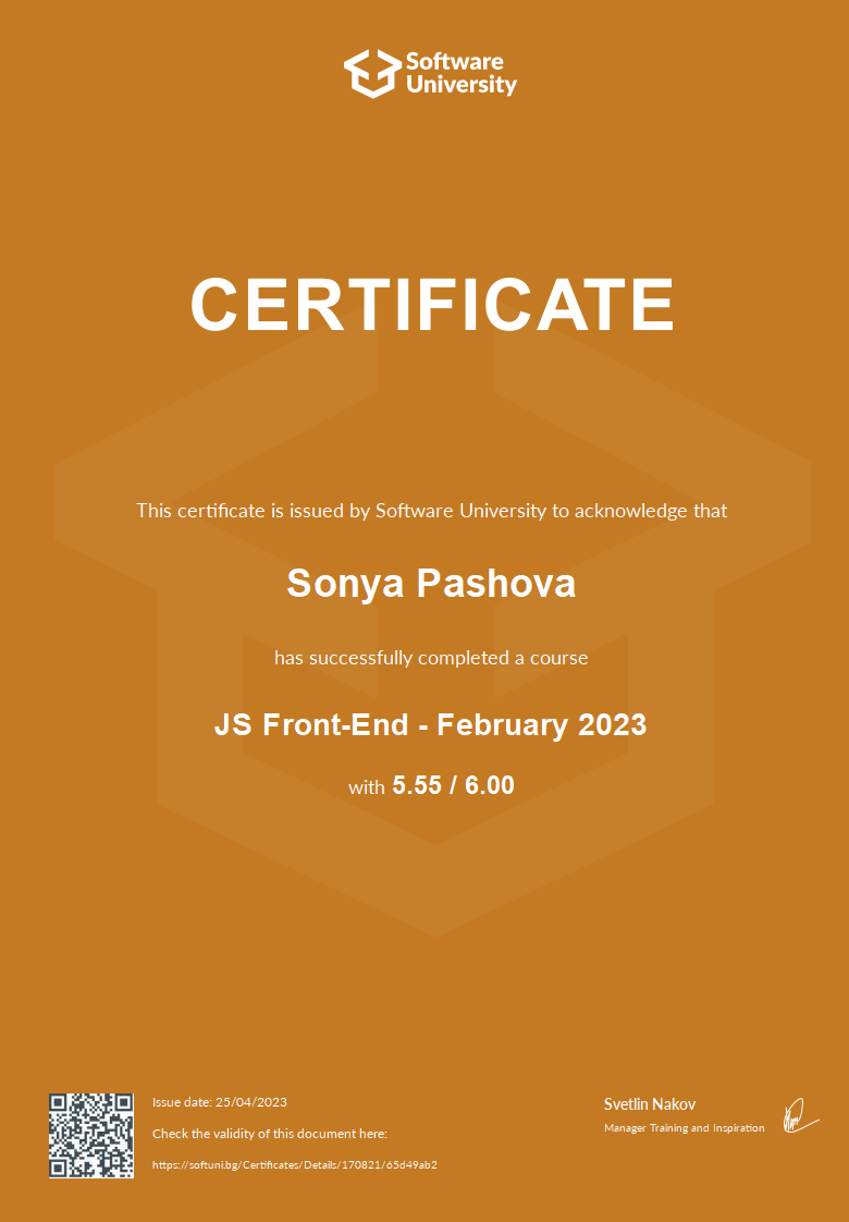 JS Front-End - February 2023 certificate