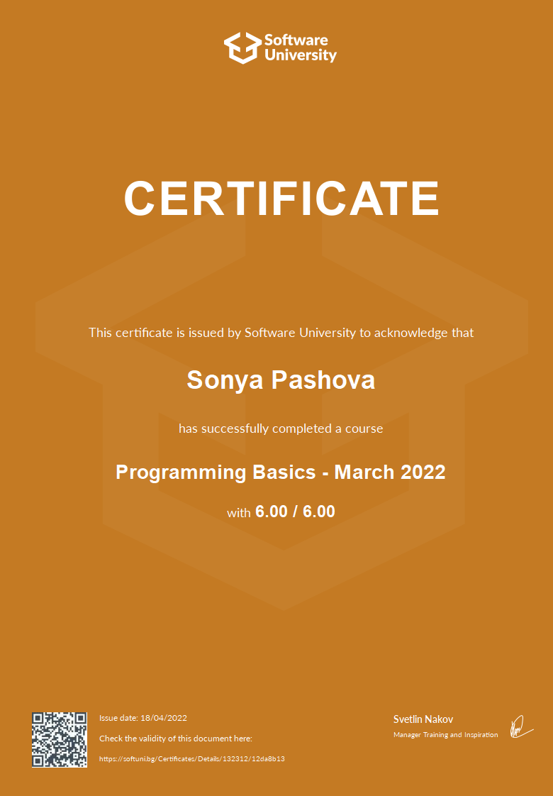 Programming Basics - March 2022 certificate